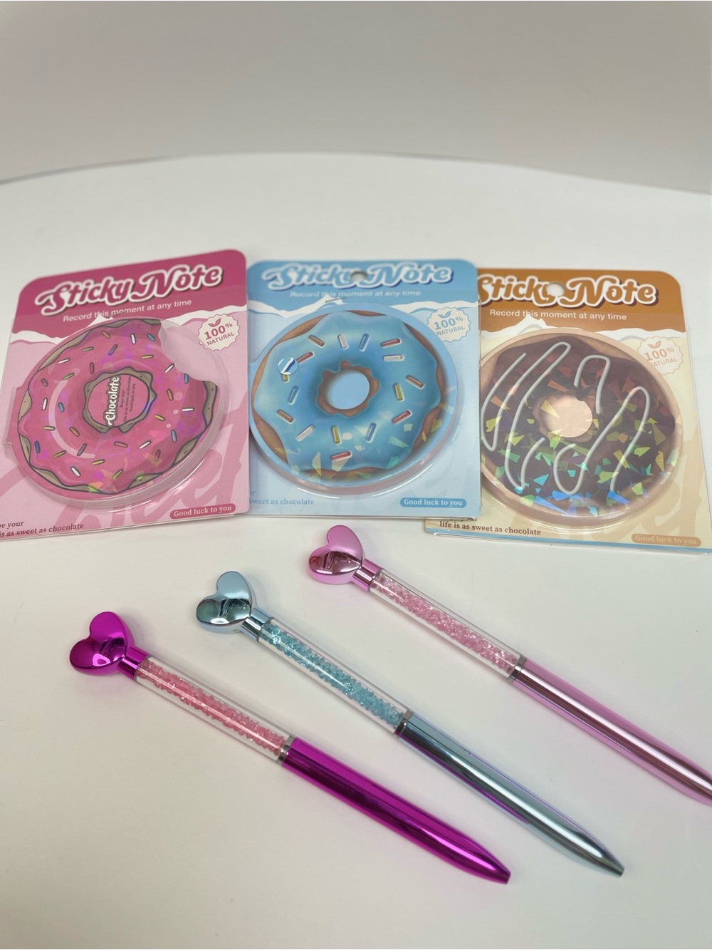 Donut Note Pads & Heart Top Glitter Pens - Set of 3